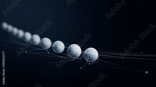Diagonal series of wireframe globes, connected by glowing lines fading into a dark digital space. Represents evolving global networks, data flow and future tech progression. Digital,
