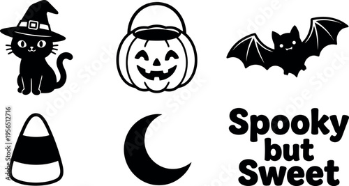 Halloween icon set featuring witch cat pumpkin bat candy corn moon spooky but sweet