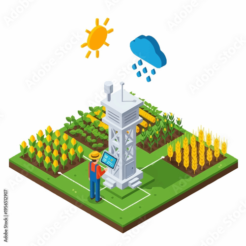 Smart Farming Weather Station Monitoring Crops Isometric Illustration.