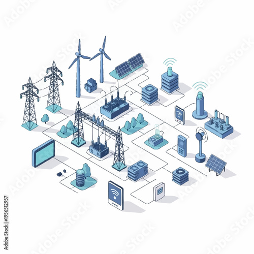 Smart Grid Isometric Flowchart with Renewable Energy and Power Distribution.