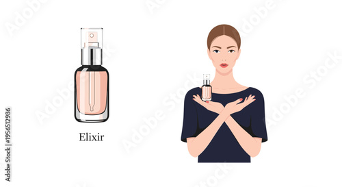 Woman refusing perfume bottle in minimalist flat design with pastel colors on white background for advertising