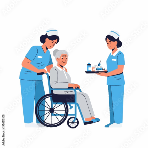 Two nurses assisting an elderly woman in a wheelchair with medical supplies.