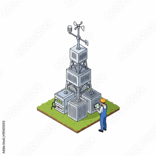 Weather station with technician performing maintenance on meteorological equipment.