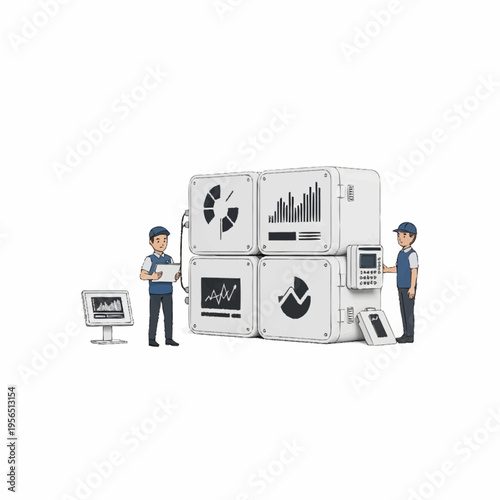 Two technicians managing data analysis and server infrastructure.