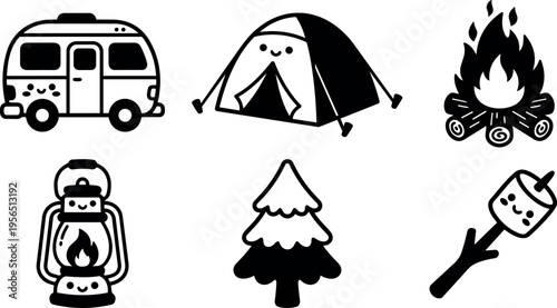 Vector line art set of camping icons including caravan tent campfire lantern pine tree and marshmallow on stick