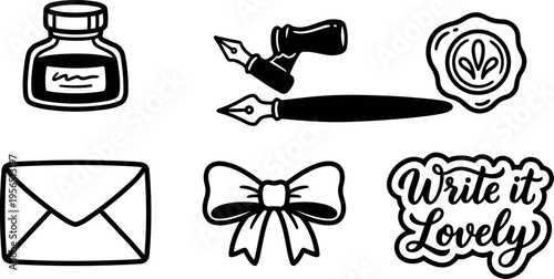 Vector art line icons of writing set with ink bottle nib pen seal envelope bow and text