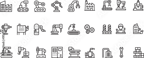 Industrial manufacturing and logistics outline icons set showing modern factory production vector