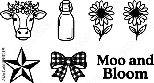 Vector line art cow head with flower crown bottle and flowers moo and bloom