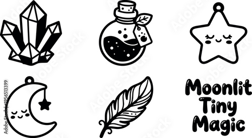 Line art vector icons of crystals potion moon crescent moon star charm feather and magic text