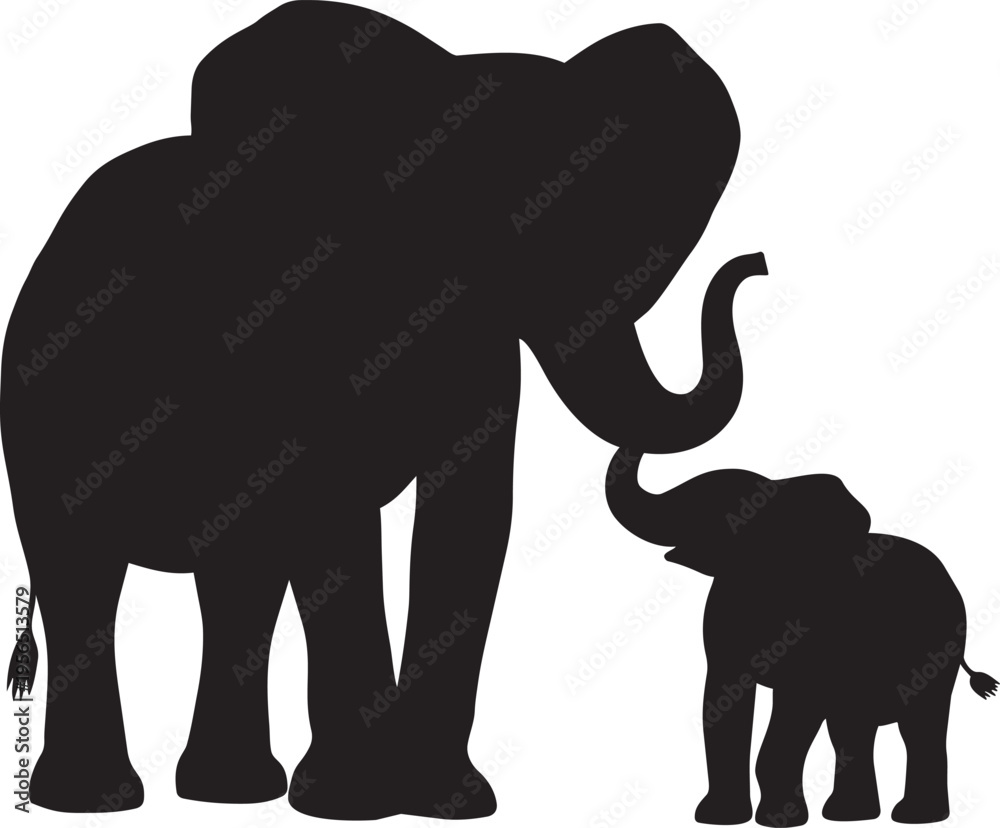 Obraz premium Silhouette of a mother elephant and her baby elephant standing side by side in a tender pose