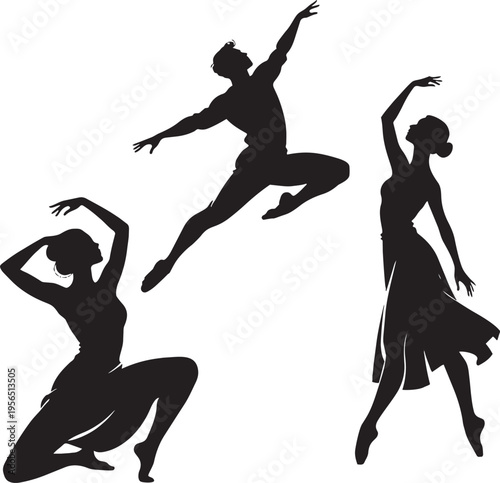 Set of three ballet dancers in graceful poses, showing movement and elegance in black silhouettes