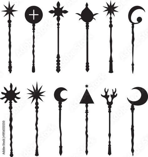 Set of wizard and magic wands silhouettes, various mystical staffs with moon star cross symbols