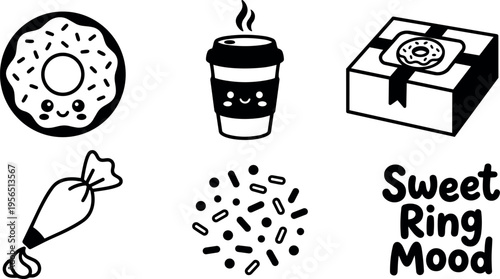 Line art doodles of donut coffee cup gift box candy and sprinkles mood