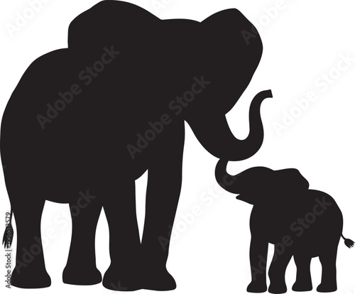 Silhouette of a mother elephant and her baby elephant standing side by side in a tender pose