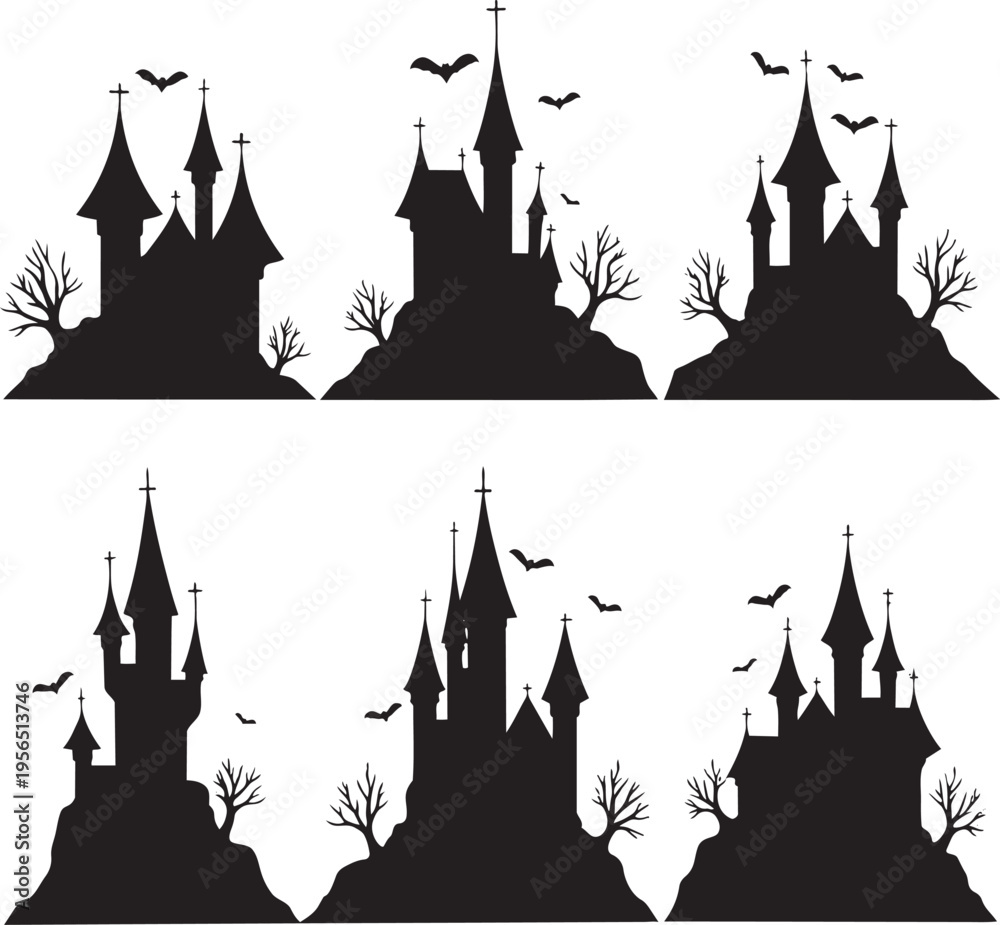 Obraz premium Spooky haunted castle silhouettes on hills with bats and bare trees for Halloween