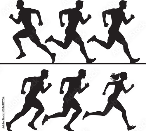 Silhouettes of men and woman running, dynamic action poses for sports and fitness themes