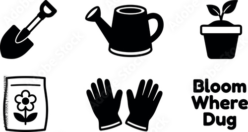 Vector line art garden tools and planted seed packets with gloves and bloom phrase
