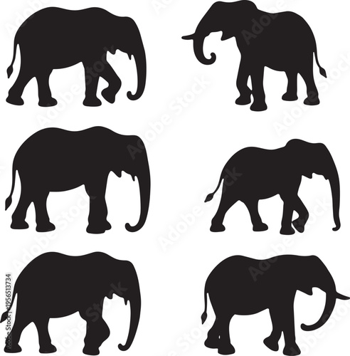 Six black elephant silhouettes walking on white background isolated vector illustration
