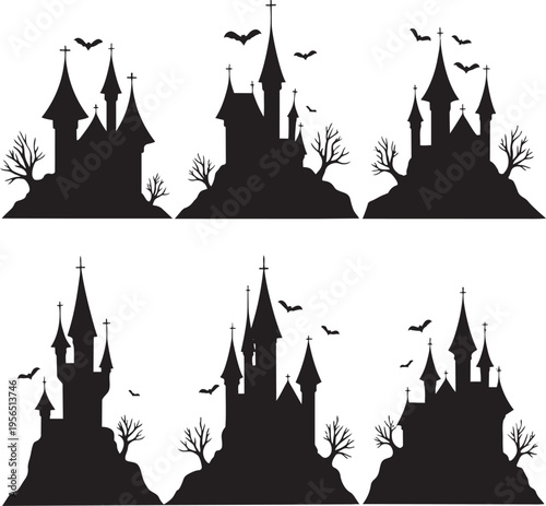 Spooky haunted castle silhouettes on hills with bats and bare trees for Halloween