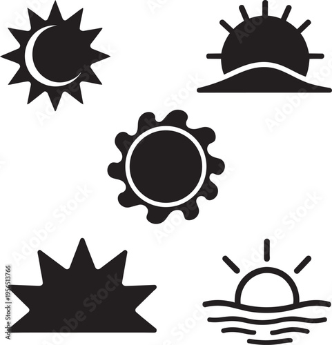Sun icon collection displaying different solar symbols for sunrise sunset and daylight weather for