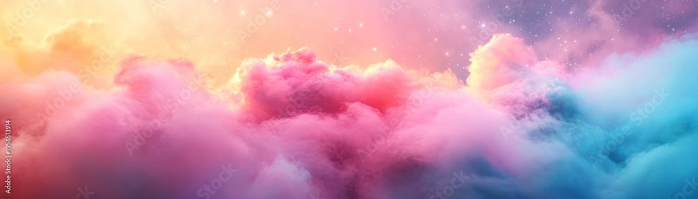 Fototapeta premium Ethereal Gradient Sky Panorama Volumetric clouds awash in luminous pink, golden orange and tranquil blue, sparkling with distant stars; a cosmic dreamscape. Celestial, Nebula