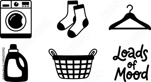 Laundry icons set with washing machine socks hanger basket and mood