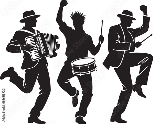 Three musicians silhouettes playing accordion and drums dancing against white background