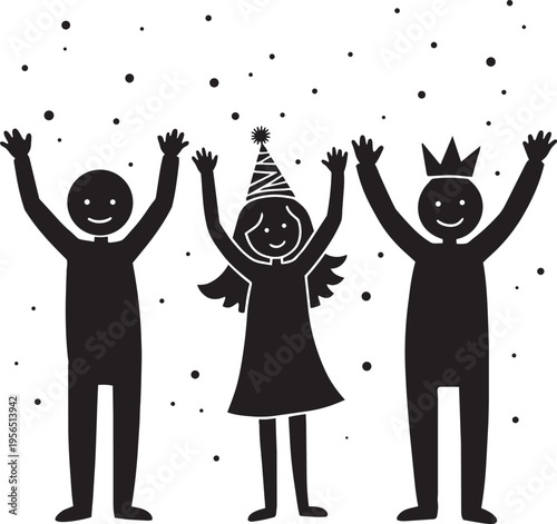Three smiling cartoon-like stick figures celebrating with hands raised under falling confetti