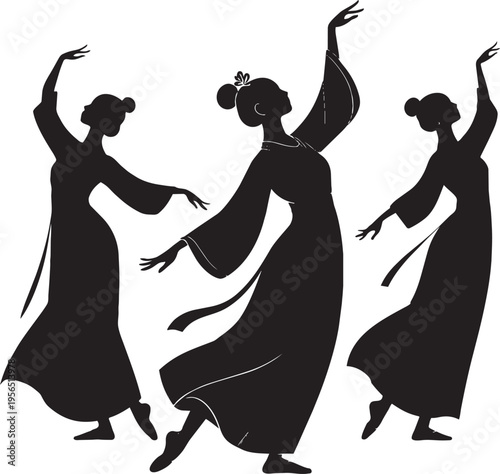 Traditional oriental dancers in graceful poses wearing flowing robes with elegant arm movements as