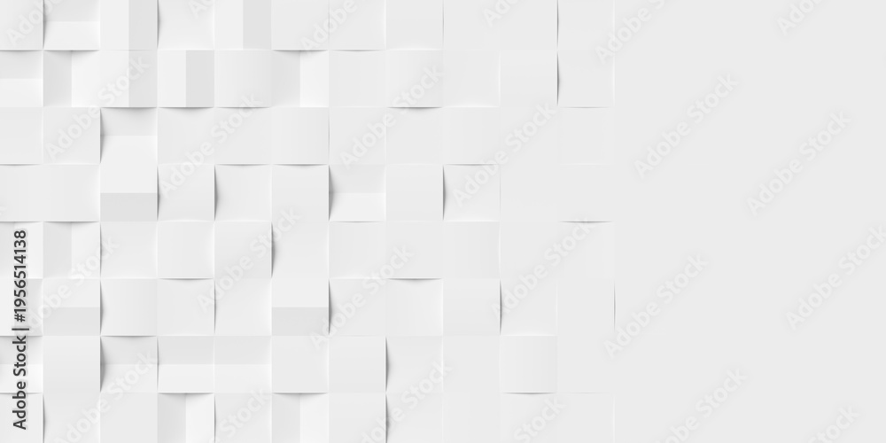 Fototapeta premium Grid of white cubes or boxes randomly rotated with shifted center lines background wallpaper banner fading out with copy space, flat lay