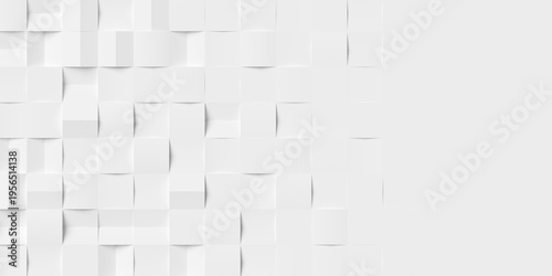 Grid of white cubes or boxes randomly rotated with shifted center lines background wallpaper banner fading out with copy space, flat lay
