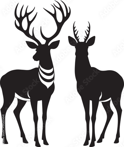 Two stags in silhouette one with large antlers and striped neck facing viewer