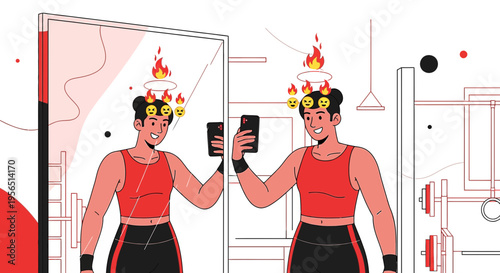 Woman taking selfie with hot emojis above her head while exercising at the gym with her reflection