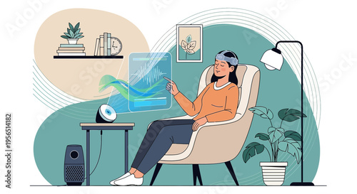 Woman using innovative brainwave reading technology for wellness and relaxation at home