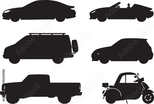 Various car silhouettes including sedan convertible suv and pickup truck for transportation design