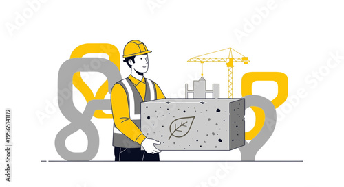 Worker holding eco-friendly concrete block at construction site highlighting sustainability