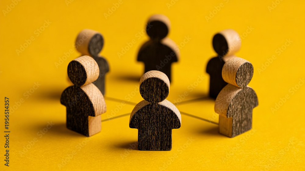 Obraz premium Wooden Figures Connect in Social Networking on Yellow Backdrop