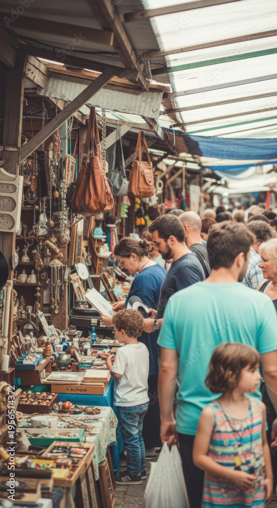 Obraz premium Lively Outdoor Flea Market Scene with People Browsing Unique Vintage Goods