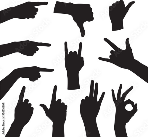 A collection of various hand gestures in black silhouette isolated on a clean white background
