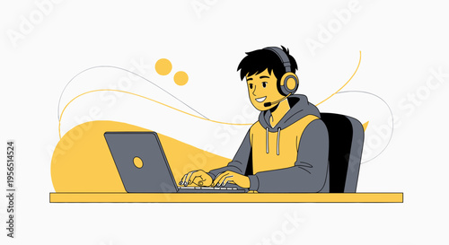 Young man with a headset working on a laptop in a digital workspace environment