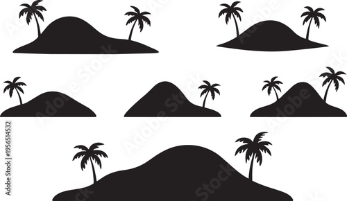 Black silhouettes of tropical islands with palm trees on white background ready for summer holidays