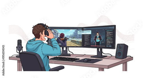 Young man playing video games on dual monitors while wearing headphones streaming live