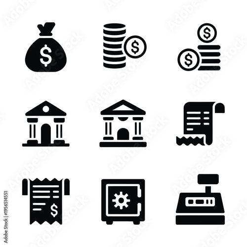 Set of financial icons including money bag coins bank building receipts safe box and cash register for business and banking use