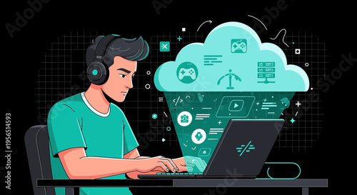 Young programmer with headphones coding in a digital cloud environment at home or office