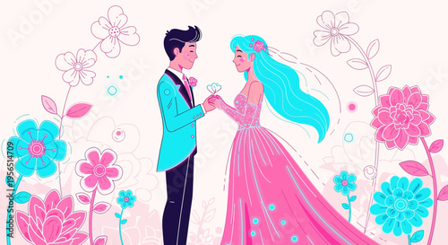 Whimsical wedding celebration with groom and bride amidst floral fantasy backdrop illustration