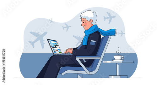 Woman awaits flight connecting globally using computer at airport lounge