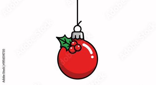 Hanging red Christmas bauble with holly leaf illustration