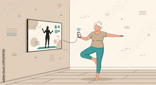 Woman doing balance yoga with online instructor using smartphone and smart television