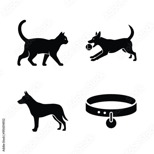 Black silhouette icons of cat walking dog playing with ball dog standing and pet collar in vector design
