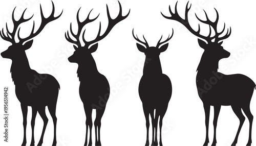 Deer silhouettes with large antlers majestic stags standing in profile and front view